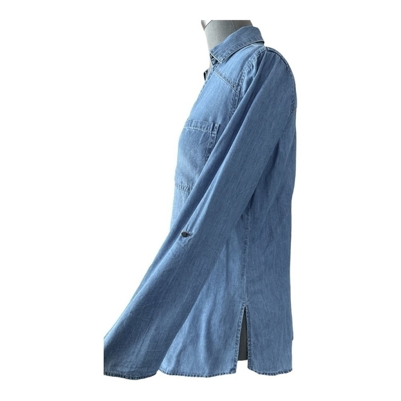 Women Shirt MASSINI Denim Mid Wash Jeans Top Long Sleeve Half Button Front Shirt - Picture 5 of 8